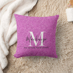 Girly Hot Pink Glitter Monogram Name   Cushion