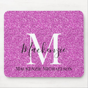 Girly Hot Pink Glitter Monogram Name Mouse Pad