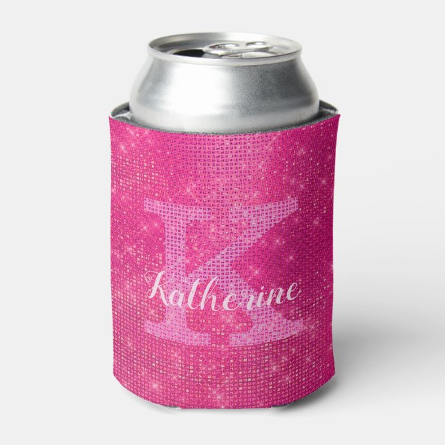 Girly Hot Pink Glitter Sparkle Glam Monogram Name Can Cooler (Can Front)
