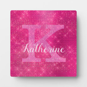Girly Hot Pink Glitter Sparkle Glam Monogram Name Plaque