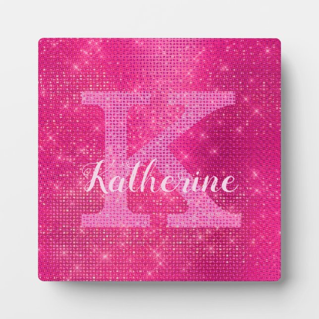 Girly Hot Pink Glitter Sparkle Glam Monogram Name Plaque (Front)
