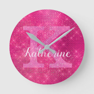Girly Hot Pink Glitter Sparkle Glam Monogram Name Round Clock