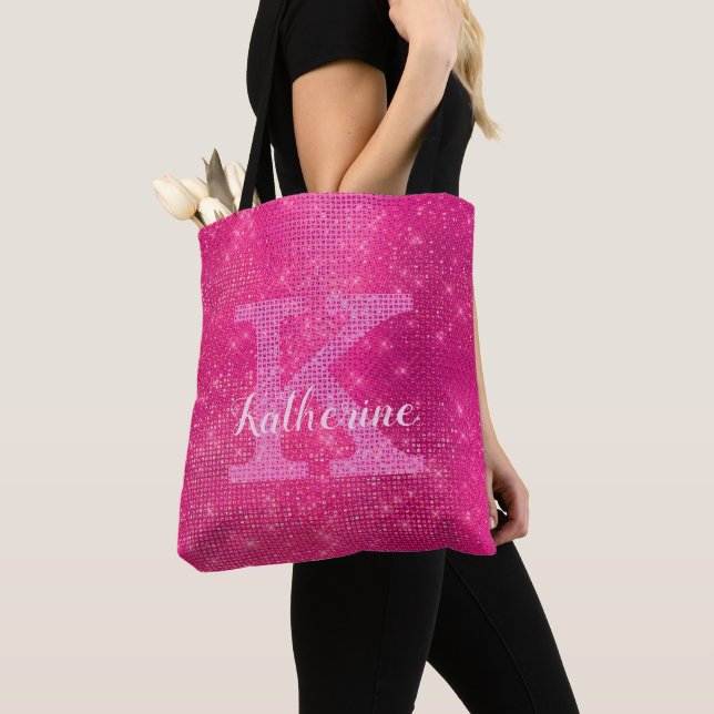 Girly Hot Pink Glitter Sparkle Glam Monogram Name Tote Bag (Close Up)