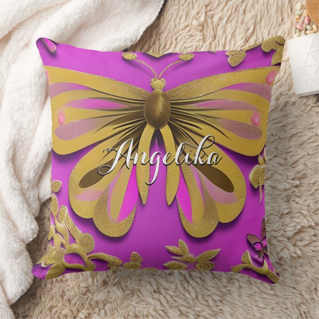 Girly Hot Pink Gold Butterfly Personalised Name Cushion (Blanket)