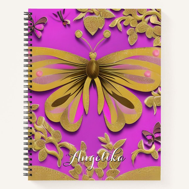 Girly Hot Pink Gold Butterfly Personalised Name Notebook (Front)