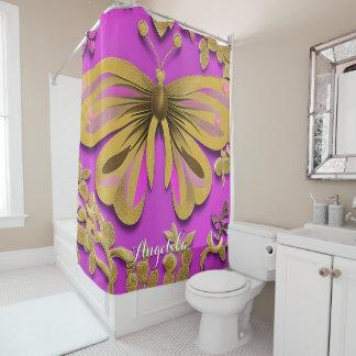 Girly Hot Pink Gold Butterfly Personalised Name Shower Curtain