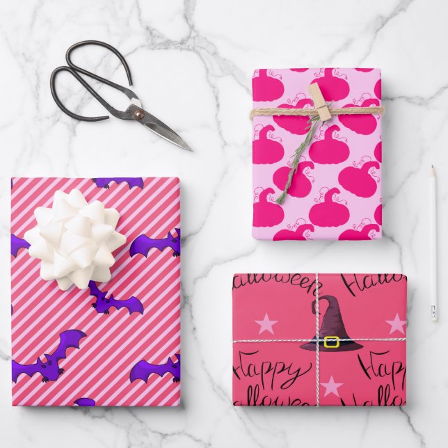 Girly Hot Pink Happy Halloween Mixed Pattern Gift Wrapping Paper Sheet (Front)