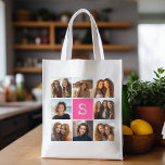 Girly Hot Pink Instagram Photo Collage Monogram Reusable Grocery Bag<br><div class="desc">You can use any photos for this design. Use 8 square photos to create a unique and personal gift. Or you can keep the hipster puppy and make a trendy keepsake. If you need to adjust the pictures,  click on the customise tool to make changes.</div>