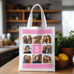 Girly Hot Pink Instagram Photo Collage Monogram Reusable Grocery Bag<br><div class="desc">You can use any photos for this design. Use 8 square photos to create a unique and personal gift. Or you can keep the hipster puppy and make a trendy keepsake. If you need to adjust the pictures,  click on the customise tool to make changes.</div>