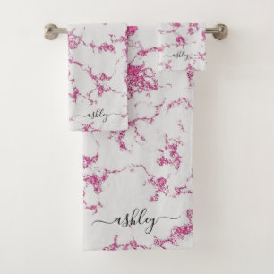 Girly Hot Pink Magenta Glitter Marble Script Name  Bath Towel Set