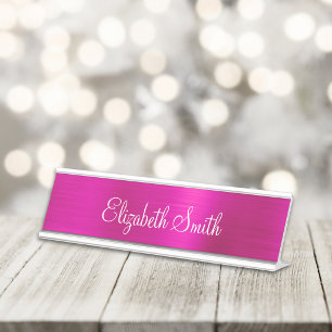 Girly Hot Pink Metallic Desk Name Plate