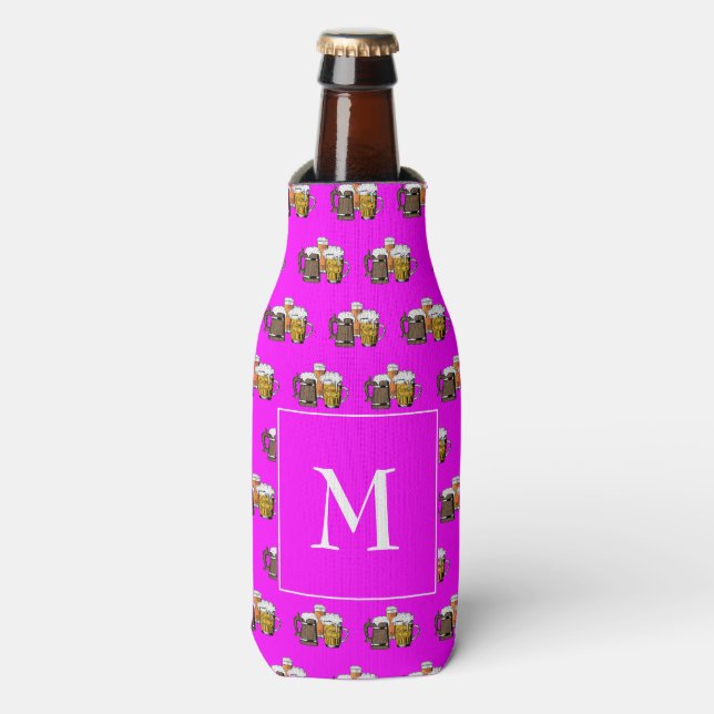Girly Hot Pink Monogram Beer Bottle Cooler (Bottle Front)