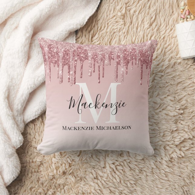 Girly Hot Pink Ombre Glitter Monogram Name   Cushion (Blanket)
