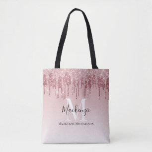 Girly Hot Pink Ombre Glitter Monogram Name   Tote Bag