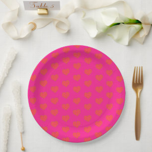 Girly Hot Pink & Orange Heart Pattern Paper Plate