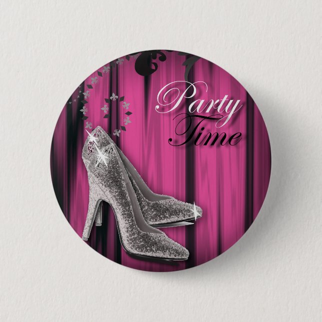 girly Hot Pink silver stilettos birthday party 6 Cm Round Badge (Front)