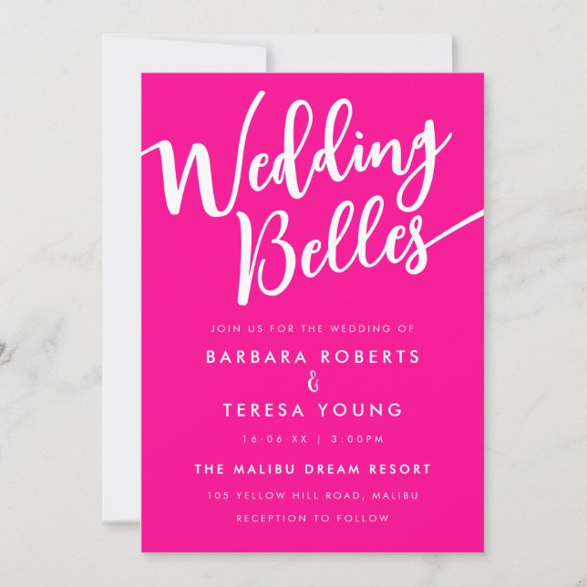 Girly Hot Pink White Bells Funny Lesbian Wedding Invitation (Front)