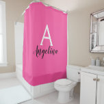 Girly Hot Pink White & Black Monogram Name Shower Curtain<br><div class="desc">Personalised monogram girly hot pink shower curtain with white and black writing. This glam shower curtain can be easily personalised with your own custom first name and monogram initial. You can even change the text colour and font style using the customise option.</div>