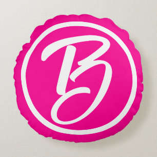 Girly Hot Pink White Calligraphy Monogram Round Cushion