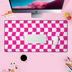 Girly Hot Pink White Wavy Chequerboard Pattern Desk Mat