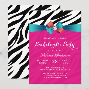 Girly Hot Pink Zebra Print Bachelorette Party Invitation