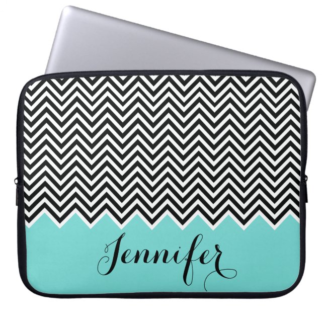 GIRLY HOT TEAL BLUE black white Chevron Custom Laptop Sleeve (Front)