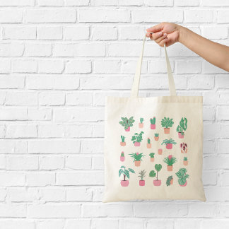 Girly Houseplants Pink and Green Illustration Tote Bag