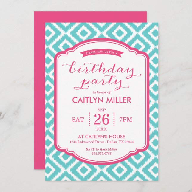 Girly Ikat Diamonds Birthday Party Invitation (Front/Back)