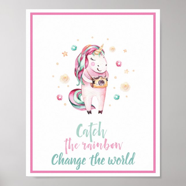 Girly Inspirational Pink Unicorn Catch the Rainbow Poster (Front)