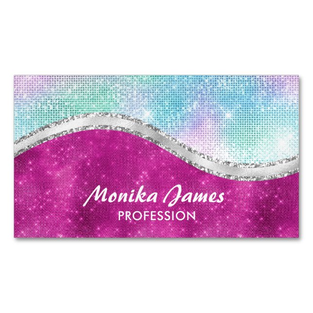 Girly Iridescent Pink Silver Faux Glitter Monogram Magnetic Business Card (Front)