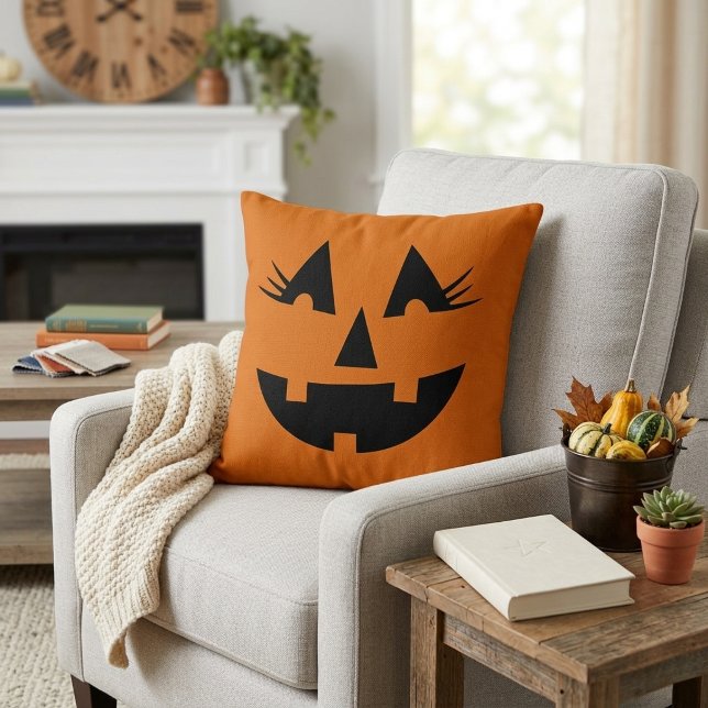 Girly Jack-O-Lantern Pumpkin Face Cushion (Girly Jack-O-Lantern Pumpkin Face Throw Pillow)