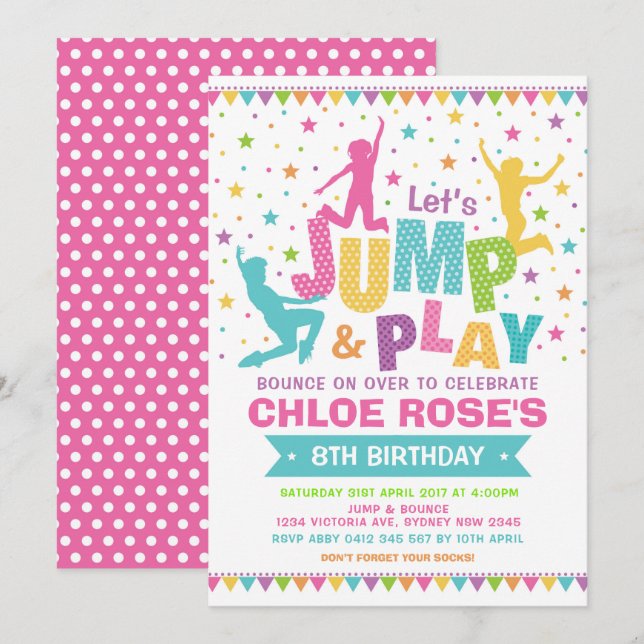 Girly Jump Birthday Party Bounce House Trampoline Invitation (Front/Back)