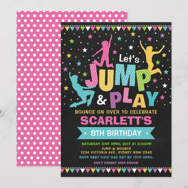 Girly JUMP Birthday Party Bounce House Trampoline Invitation (Front/Back)