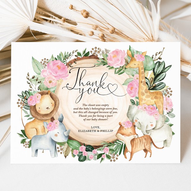 Girly Jungle Safari Wild Animals Thank You Card (Creator Uploaded)