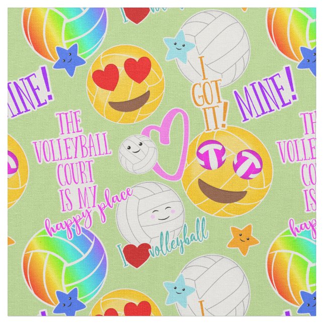 girly kawaii emoji volleyball typography pattern fabric (Close Up)