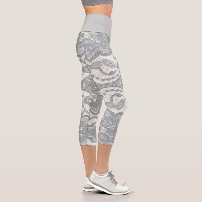 Girly Lace Pattern White and Grey Fitness Capri Leggings (Right)