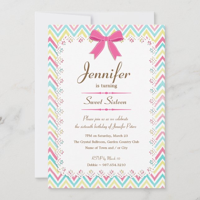 Girly Lace Watercolor Chevron Pink Bow Sweet 16 Invitation (Front)