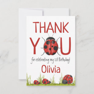Girly Ladybug 1st Birthday Party Thank You Card