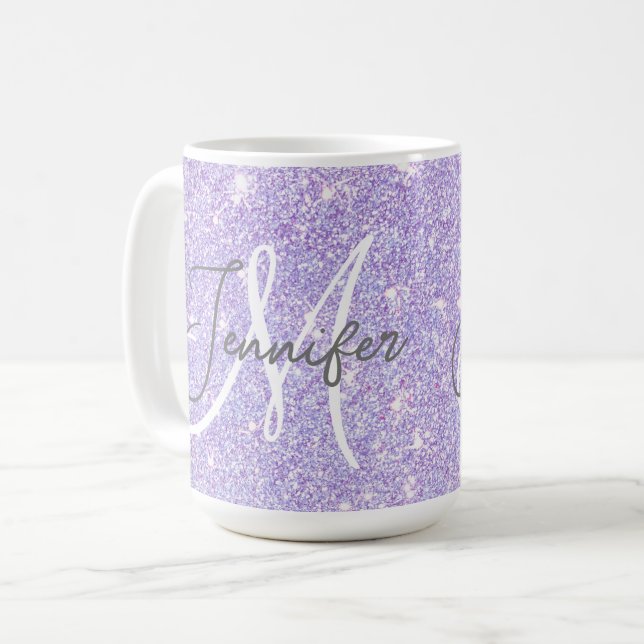 Girly Lavender Purple Glitter Blush Monogram name Coffee Mug (Front Left)