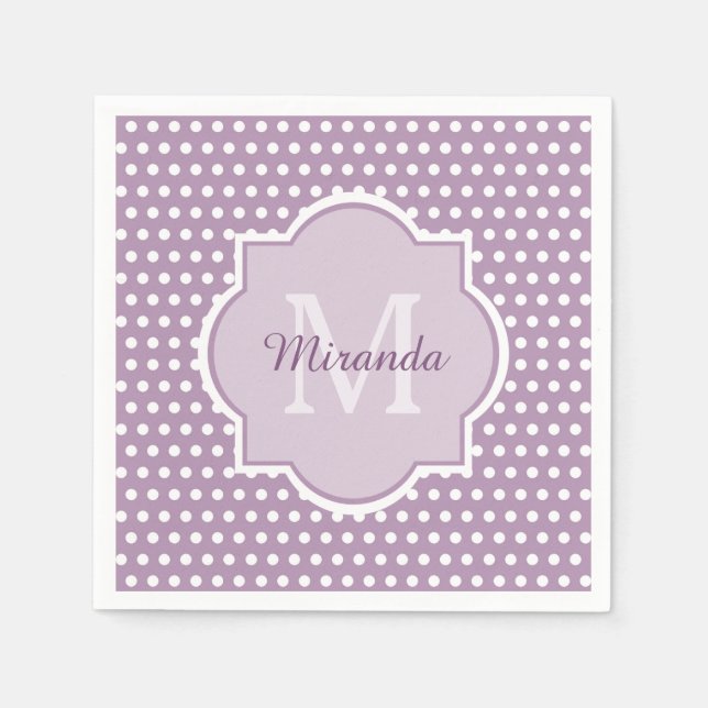Girly Lavender Purple Polka Dots Monogram and Name Napkin (Front)