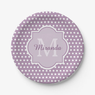 Girly Lavender Purple Polka Dots Monogram and Name Paper Plate