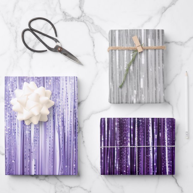 Girly Lavender Purple Silver Glam Tinsel Stripes  Wrapping Paper Sheet (Front)