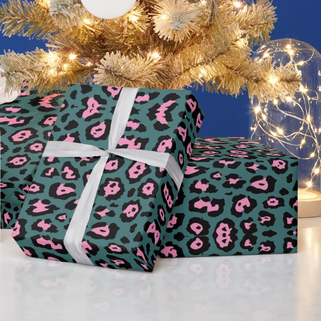 Girly leopard print animal pattern pink teal wrapping paper (Holidays)