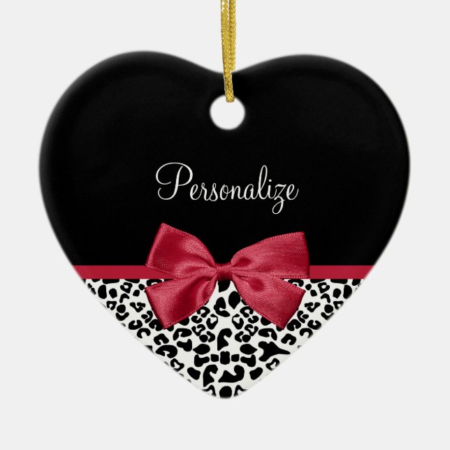 Girly Leopard Print Bright Red Ribbon With Name Ceramic Ornament (Front)