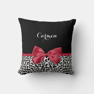 Girly Leopard Print Bright Red Ribbon With Name Cushion