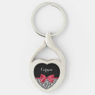 Girly Leopard Print Bright Red Ribbon With Name Key Ring