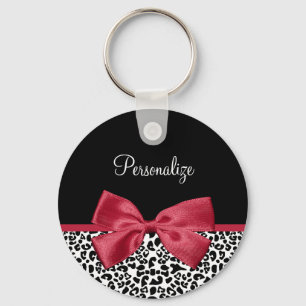 Girly Leopard Print Bright Red Ribbon With Name Key Ring