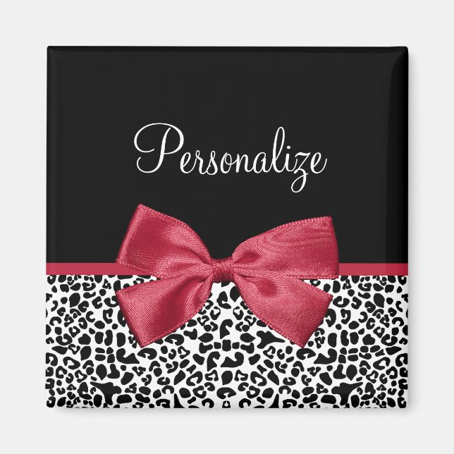 Girly Leopard Print Bright Red Ribbon With Name Magnet (Front)