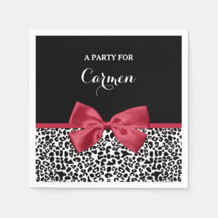 Girly Leopard Print Bright Red Ribbon With Name Napkin