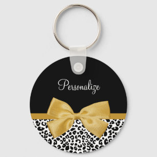 Girly Leopard Print Chic Gold Bow With Name Key Ring